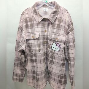 Hello Kitty Shirt Womens Large Pink Plaid Flannel Button Up Sanrio Graphic